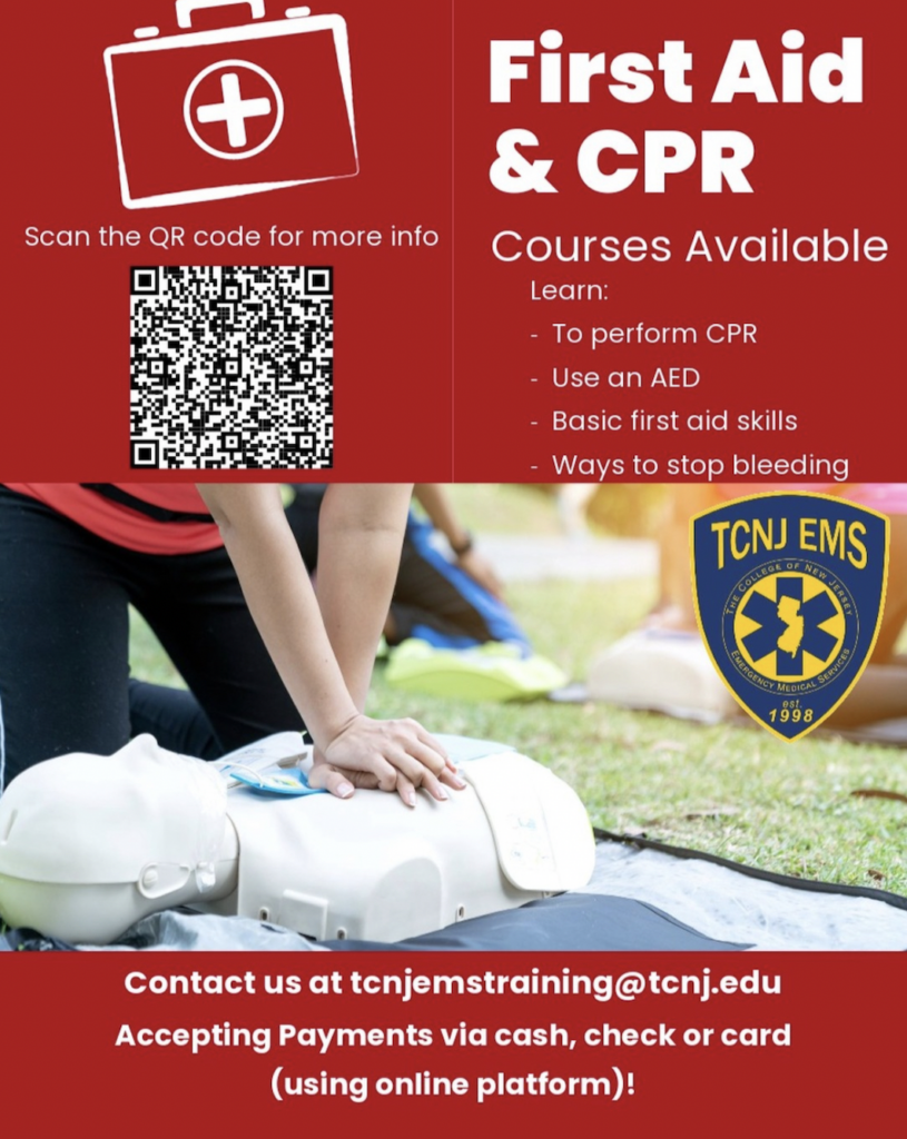 A flyer depicting a person performing CPR on a manikin, the courses available through TCNJ EMS, and a QR code leading to the sign up page.